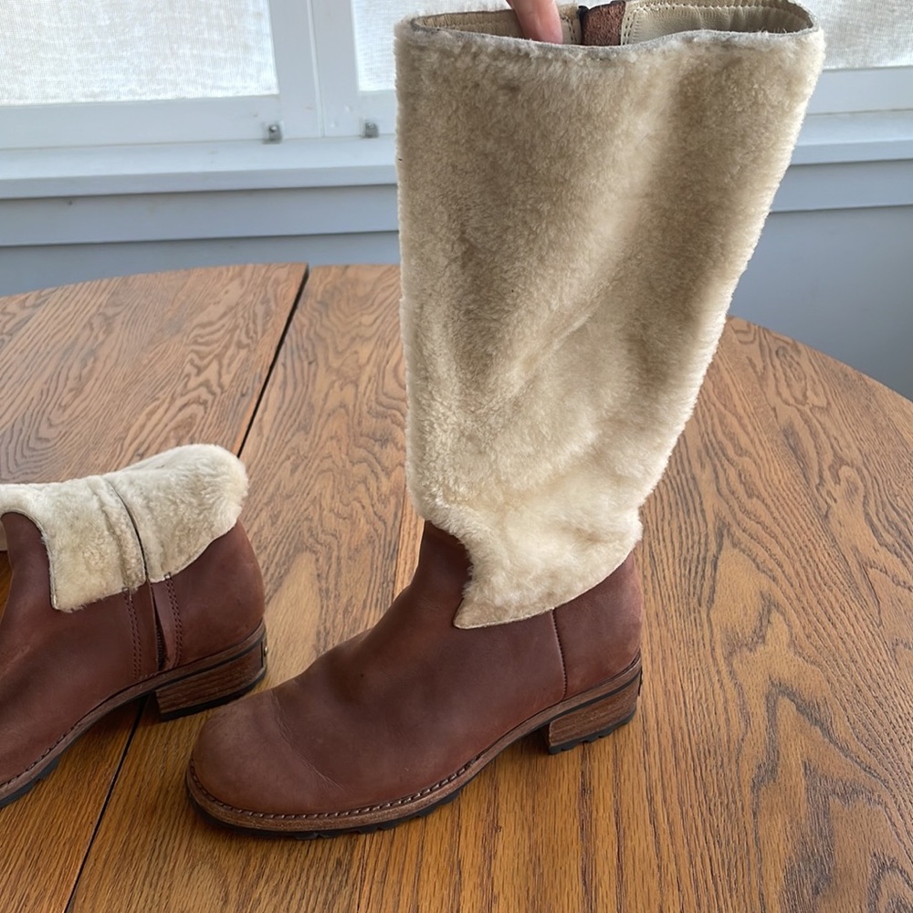 UGG Chrystie Brown Leather Cream Sheepskin Tall Boots
